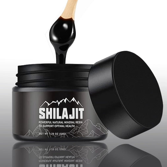 Shilajit pure resin extract in jar with 61% fulvic acid concentration