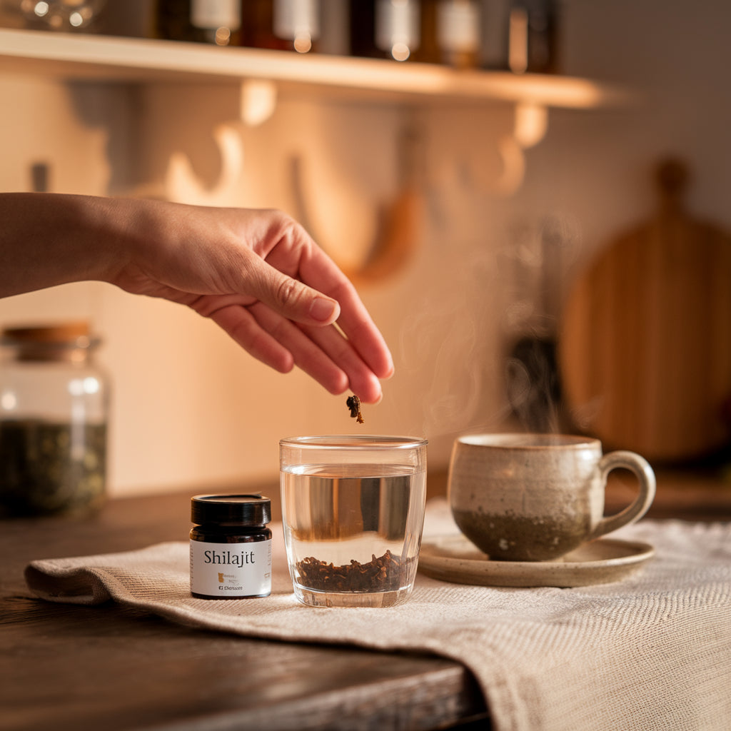 Person cooking with natural shilajit supplement in kitchen environment